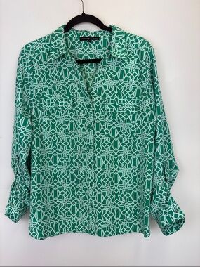 Adrienne Vittadini Green Geometric Button Down Blouse Sz Large Roll Tab Sleeve